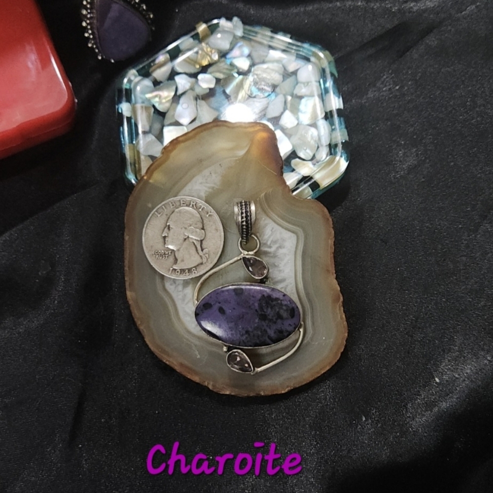 ~Silver Pendant/ Stunning Russian Charoite Stone With 2 Pink Accent Stones~